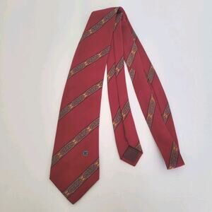 Celine Men's Neck Tie Made In Spain Designer Silk Red Stripped Boho Logo‎